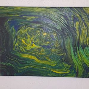 Hand made 12"x16"x1/2" pour painting using yellow, blue, and black